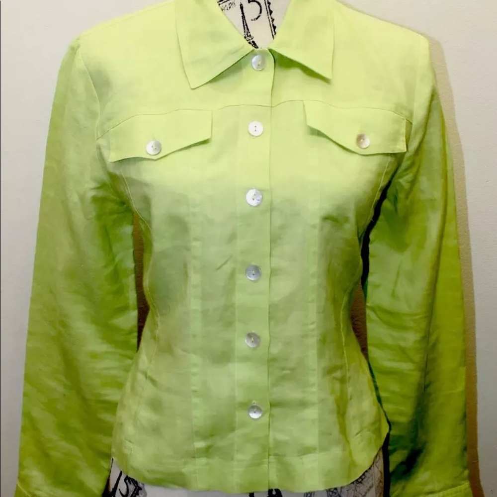 Allison Taylor Apple Green 100% Linen Large Long Sleeve Mother Of Pearl Buttons